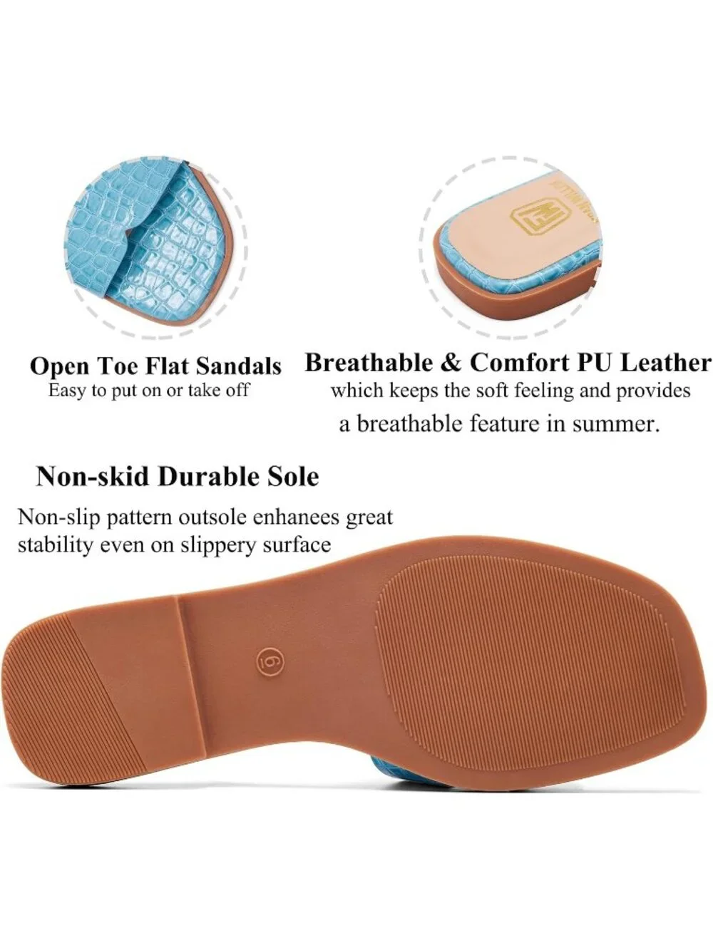 Women's Green Flat Comfortable Slides Fashion Square Open Toe Slip Beach Sandal